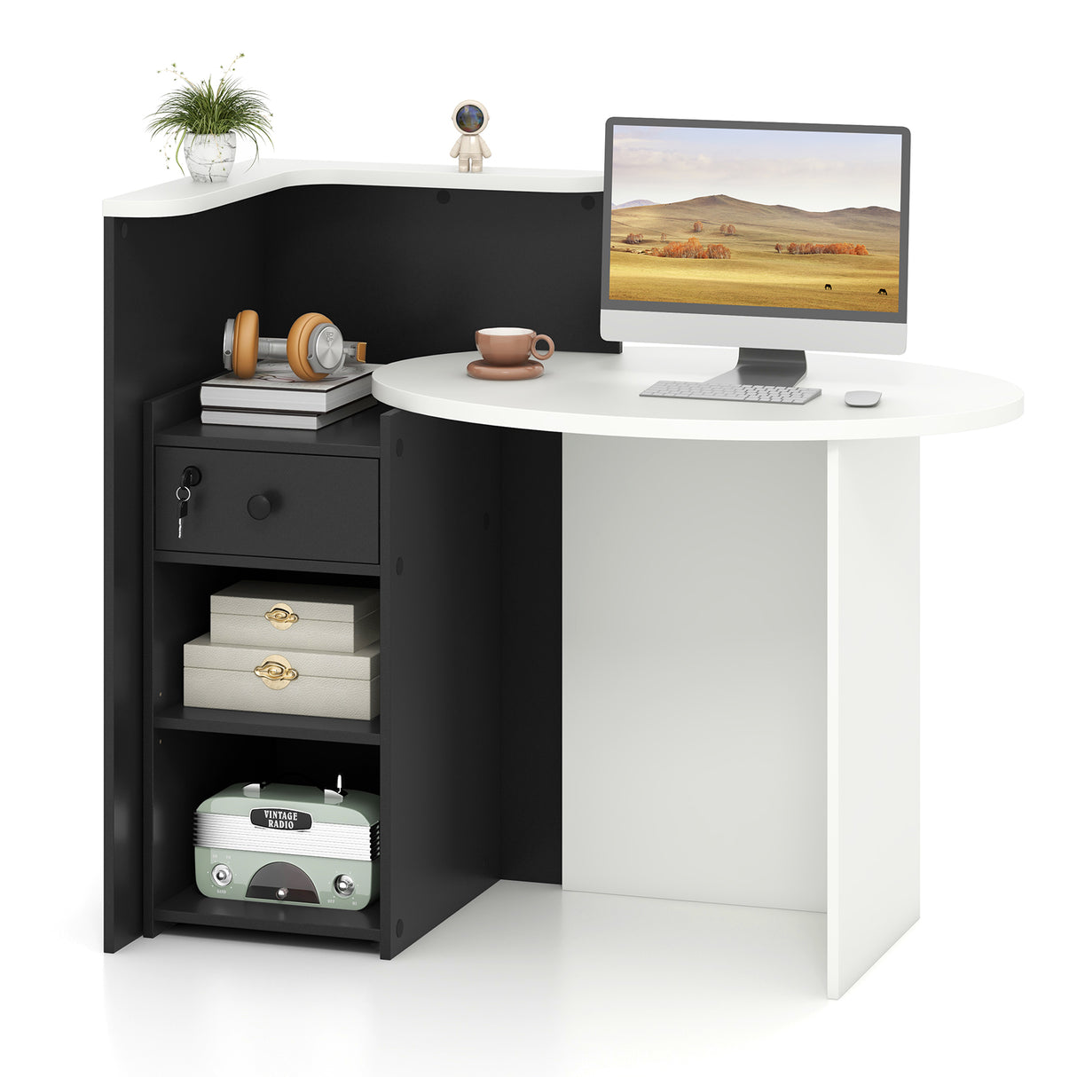 Front Reception Office Desk with Open Shelf and Lockable Drawer