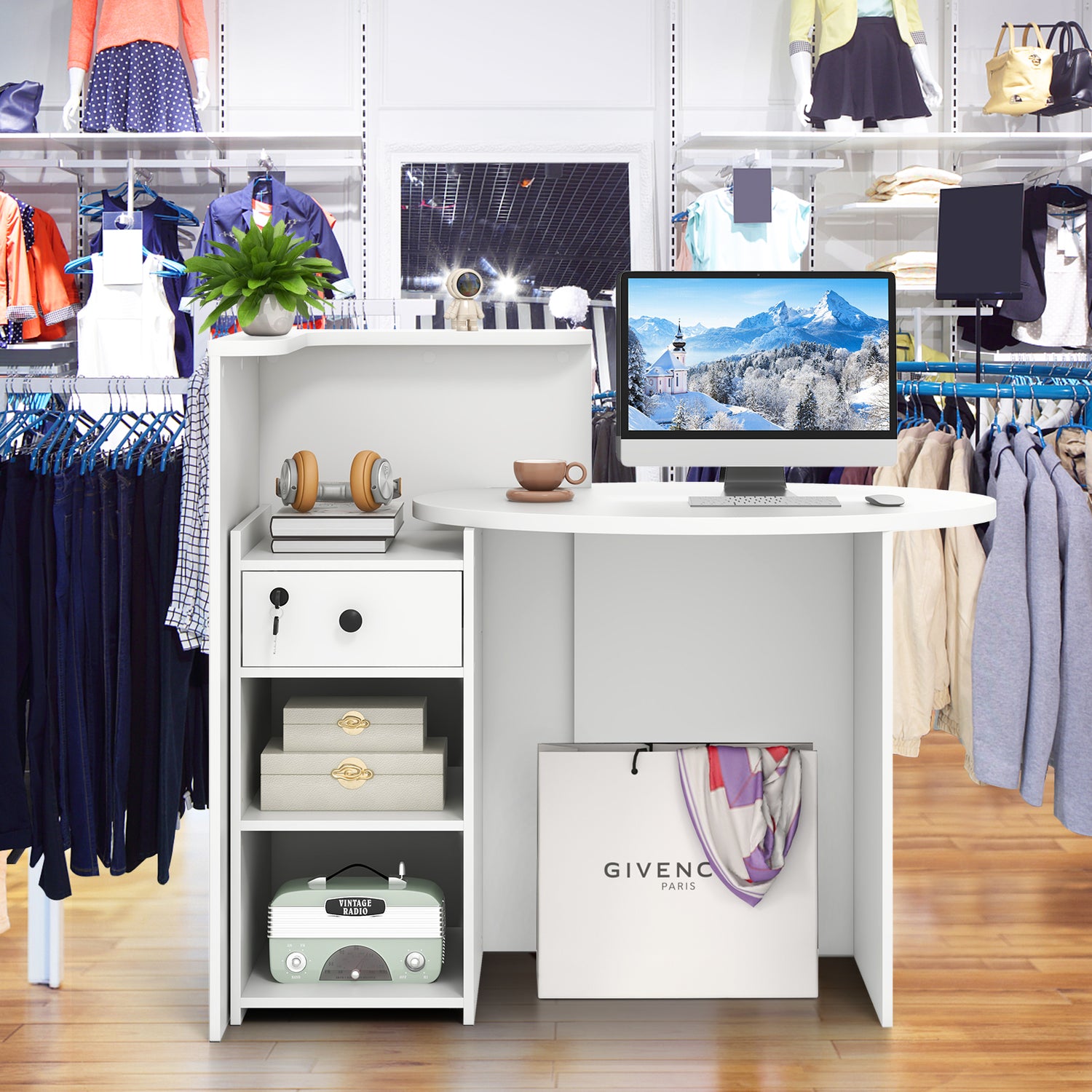 Front Reception Office Desk with Open Shelf and Lockable Drawer