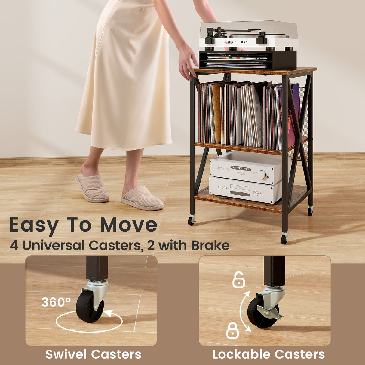 Mid-Century Record Player Stand with Built-in Charging Station