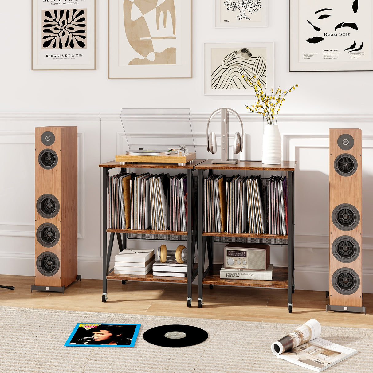 Mid-Century Record Player Stand with Built-in Charging Station