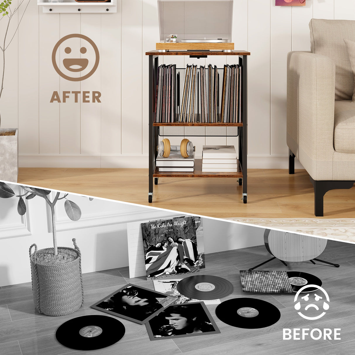 Mid-Century Record Player Stand with Built-in Charging Station