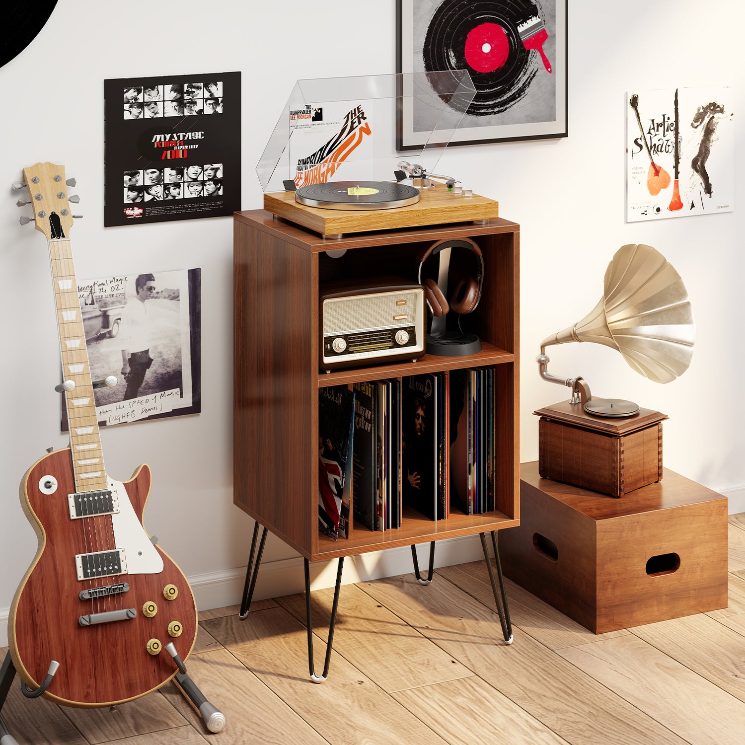 Record Player Stand with Charging Station for Living Room Bedroom