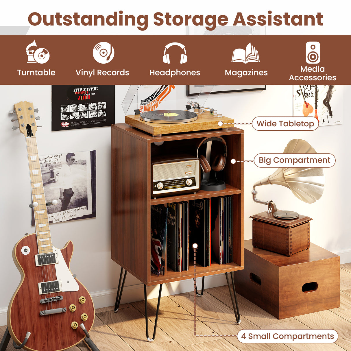 Record Player Stand with Charging Station for Living Room Bedroom