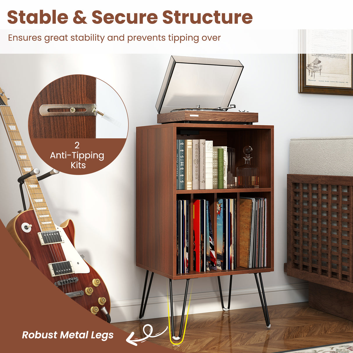 Record Player Stand with Charging Station for Living Room Bedroom