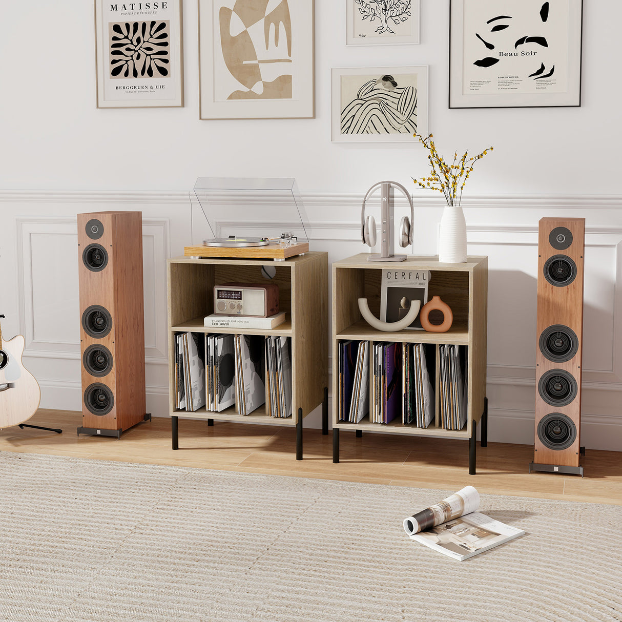 Record Player Stand with Record Storage Shelf and Charging Station