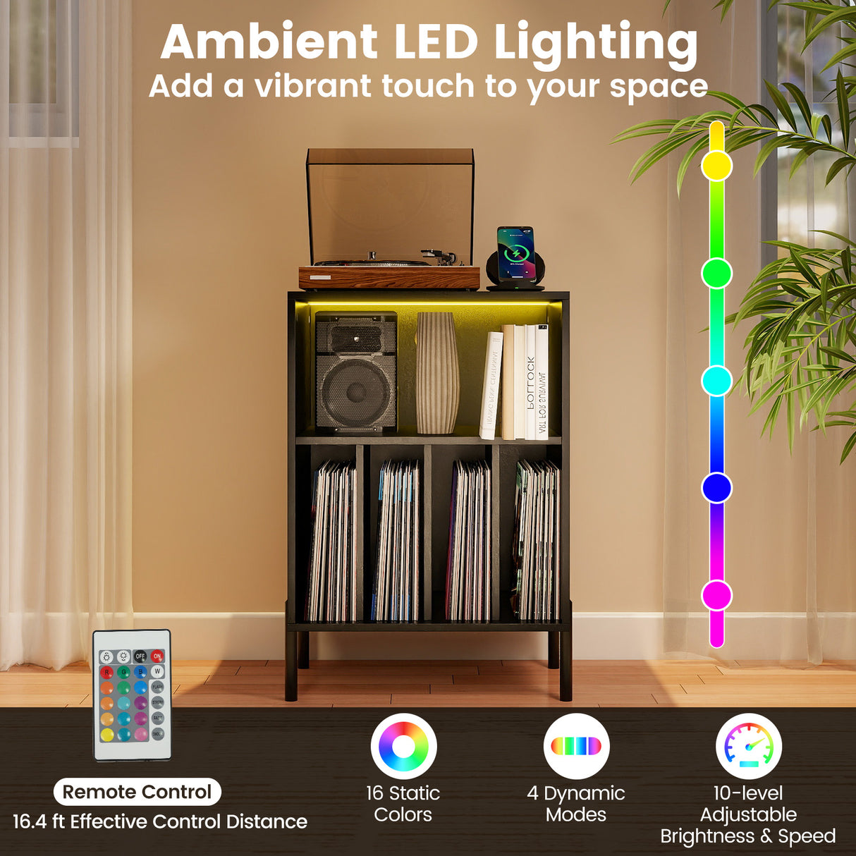 Record Player Stand with LED Light and Charging Station