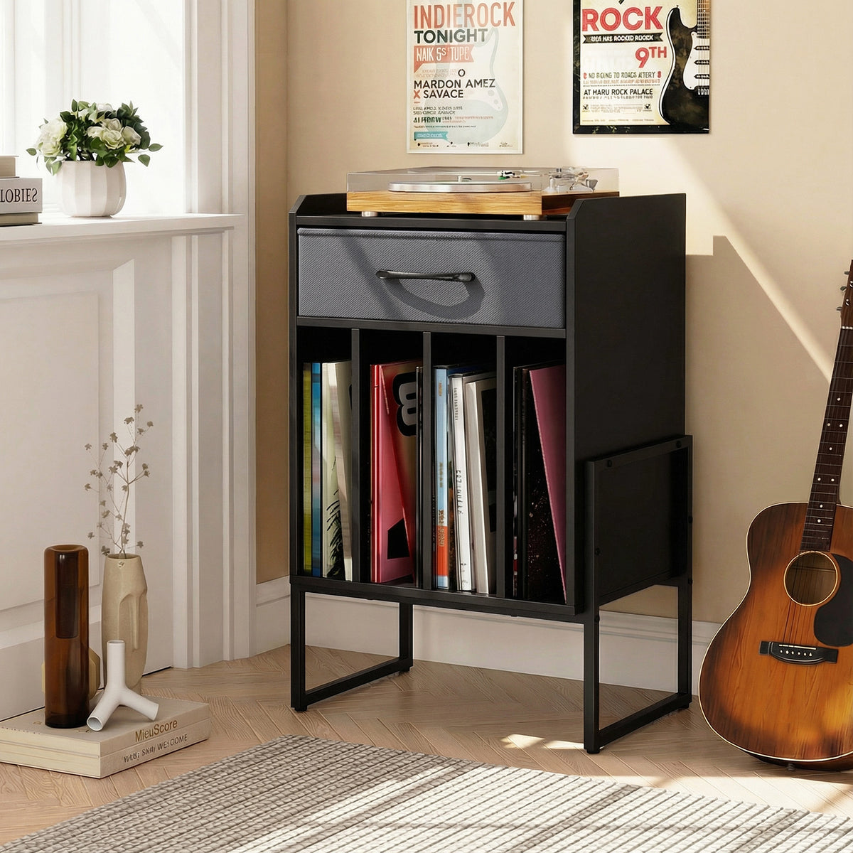 Record Player Stand with Drawer and Record Holder