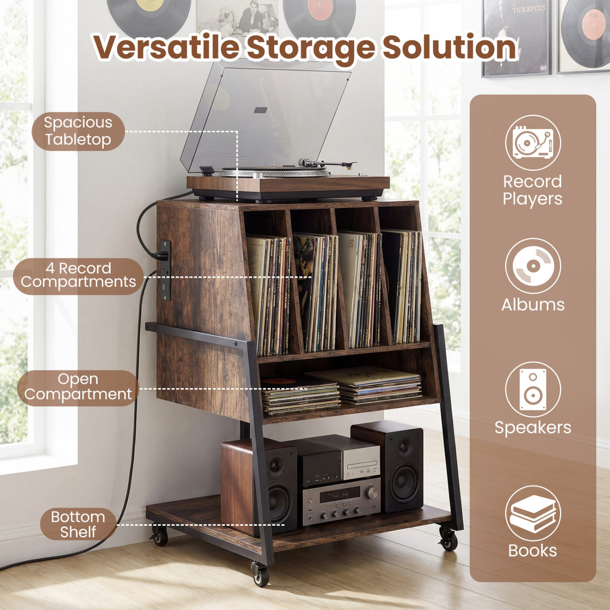 Record Player Stand on Wheels Rolling Turntable Stand with Power Outlets