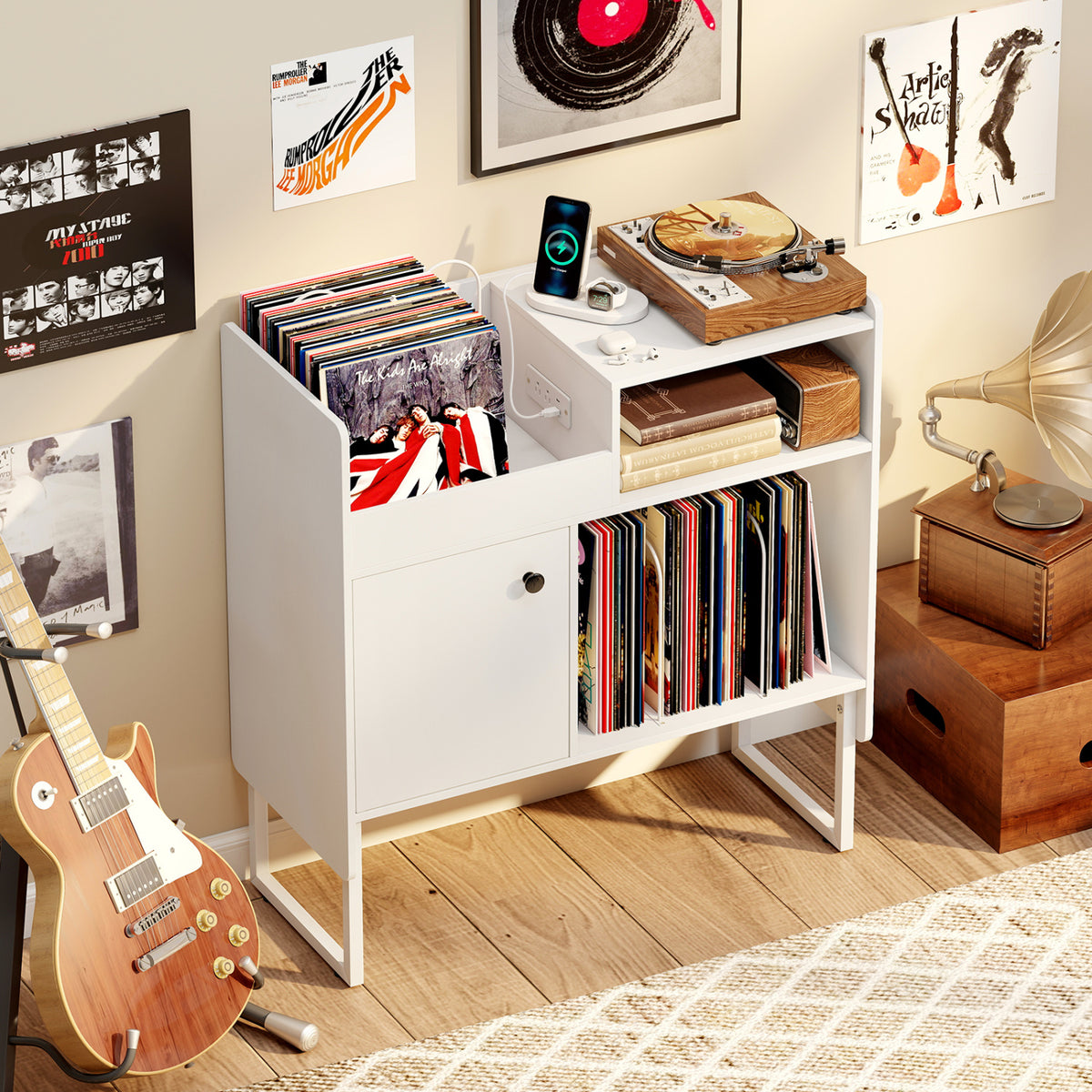 Record Player Stand with Power Outlets and Vinyl Storage Holder up to 250 Albums