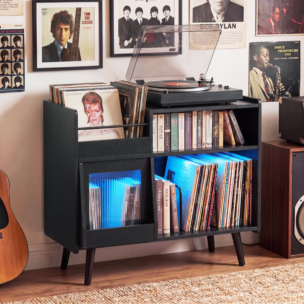 Record Player Stand with LED Light and Power Outlets