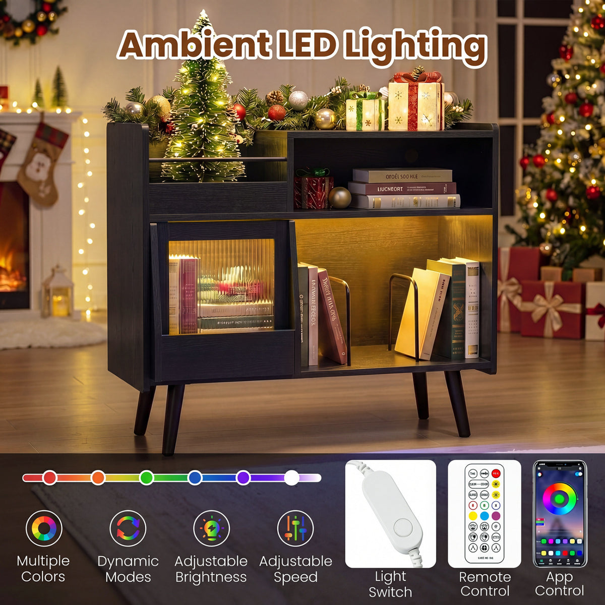 Record Player Stand with LED Light and Power Outlets
