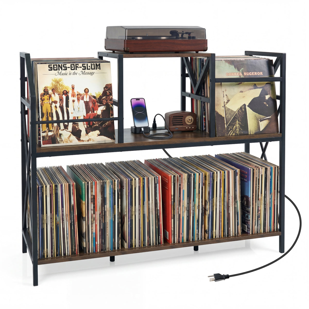 Record Player Stand with Power Outlets and Vinyl Storage and Dividers for Albums-Rustic Brown