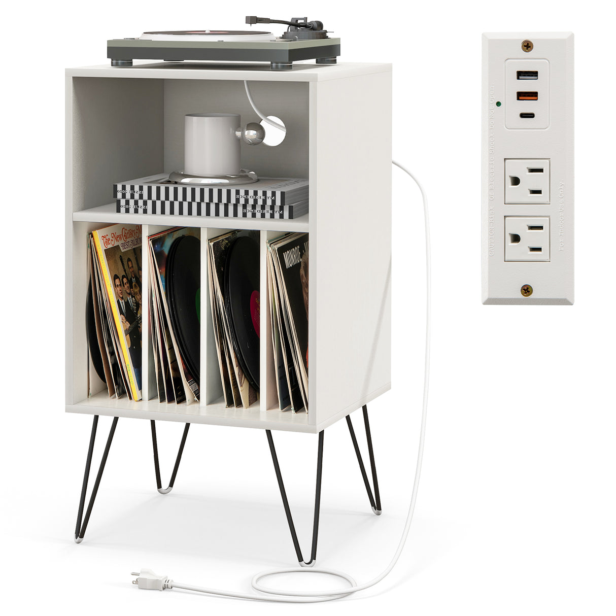 Record Player Stand with Charging Station for Living Room Bedroom