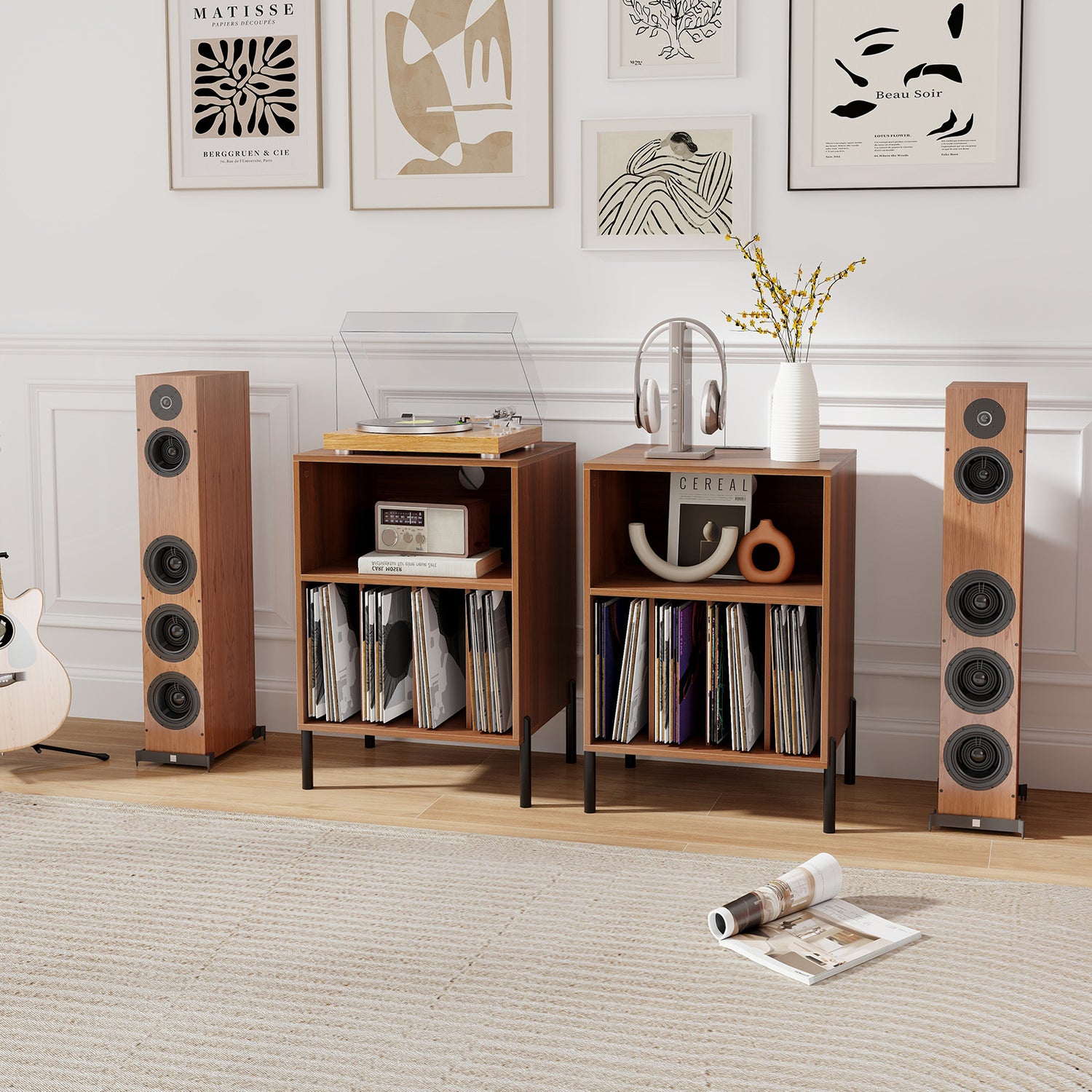Record Player Stand with Record Storage Shelf and Charging Station