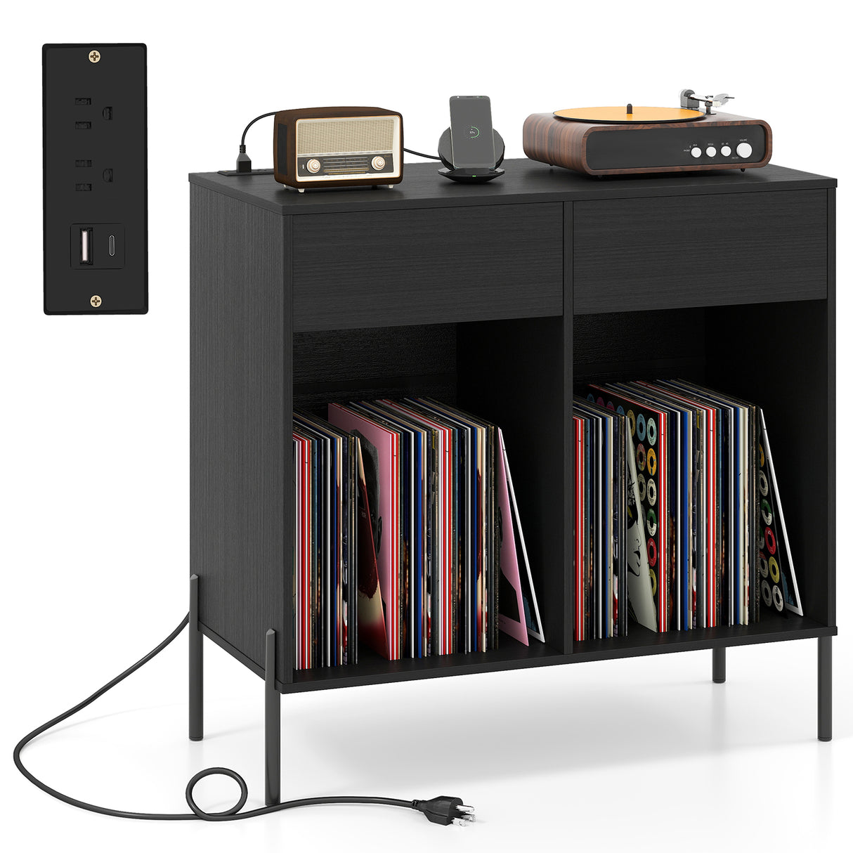 Record Player Stand with Power Outlets Double Wide Turntable Stand Vinyl Record Storage Table