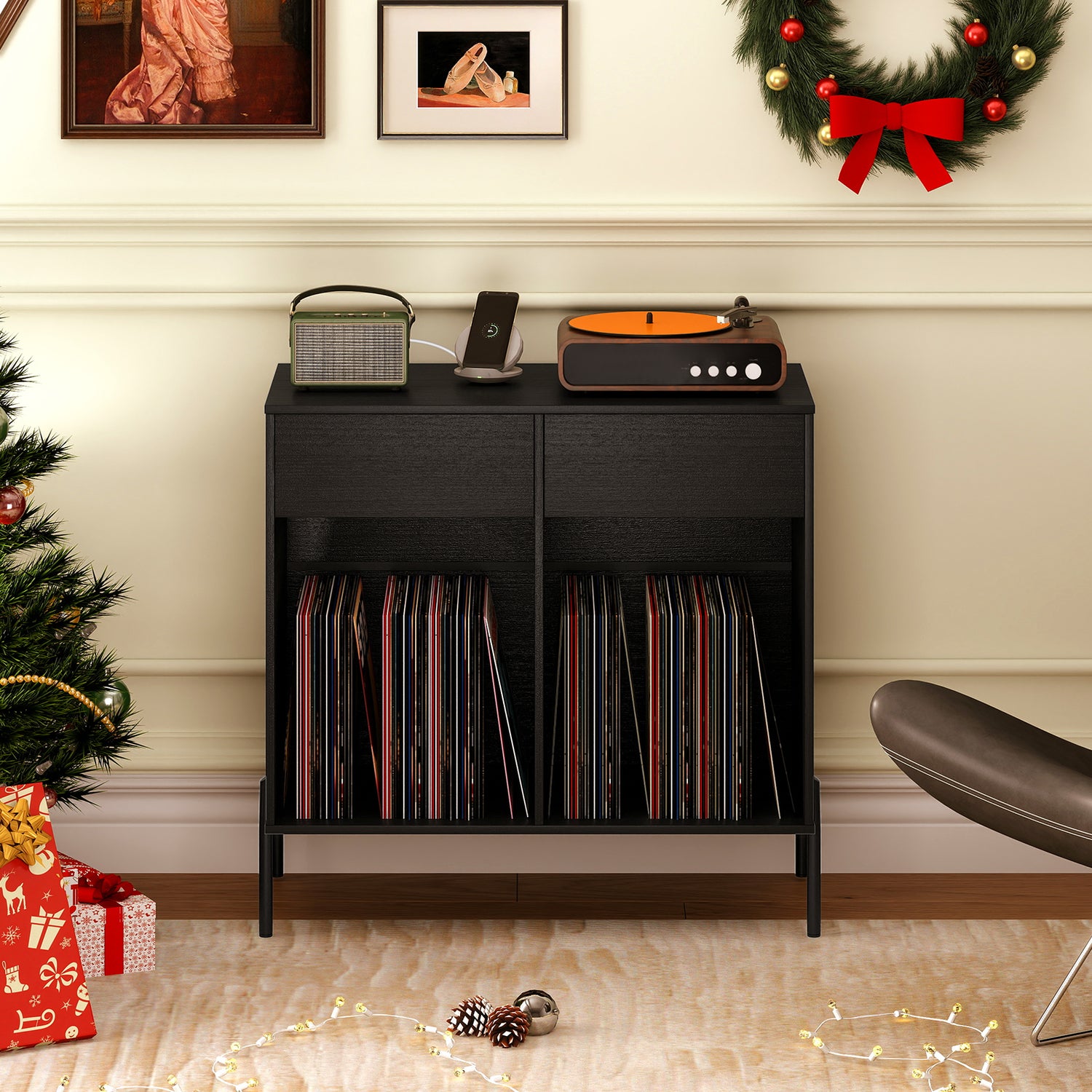 Record Player Stand with Power Outlets Double Wide Turntable Stand Vinyl Record Storage Table