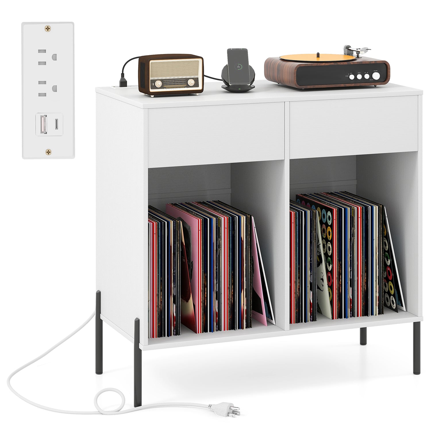Record Player Stand with Power Outlets Double Wide Turntable Stand Vinyl Record Storage Table