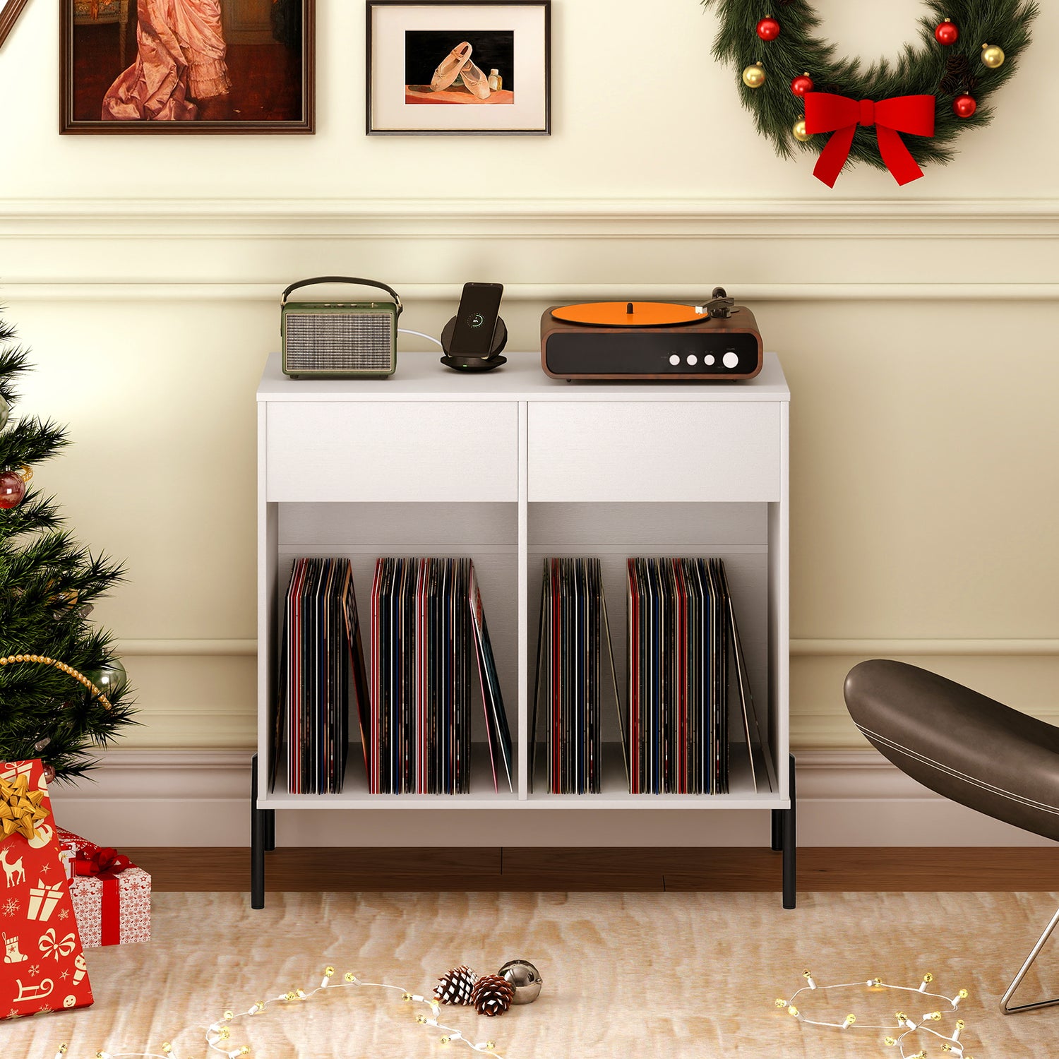Record Player Stand with Power Outlets Double Wide Turntable Stand Vinyl Record Storage Table