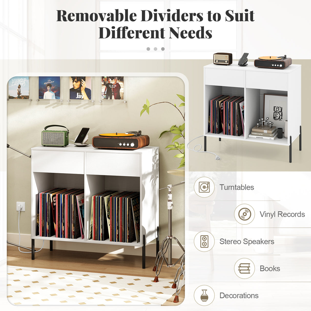 Record Player Stand with Power Outlets Double Wide Turntable Stand Vinyl Record Storage Table
