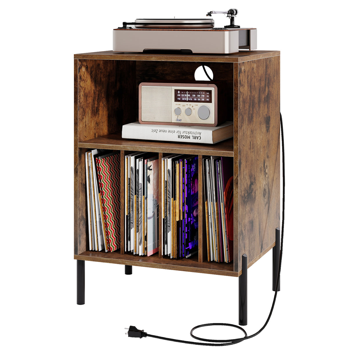 Record Player Stand with Record Storage Shelf and Charging Station