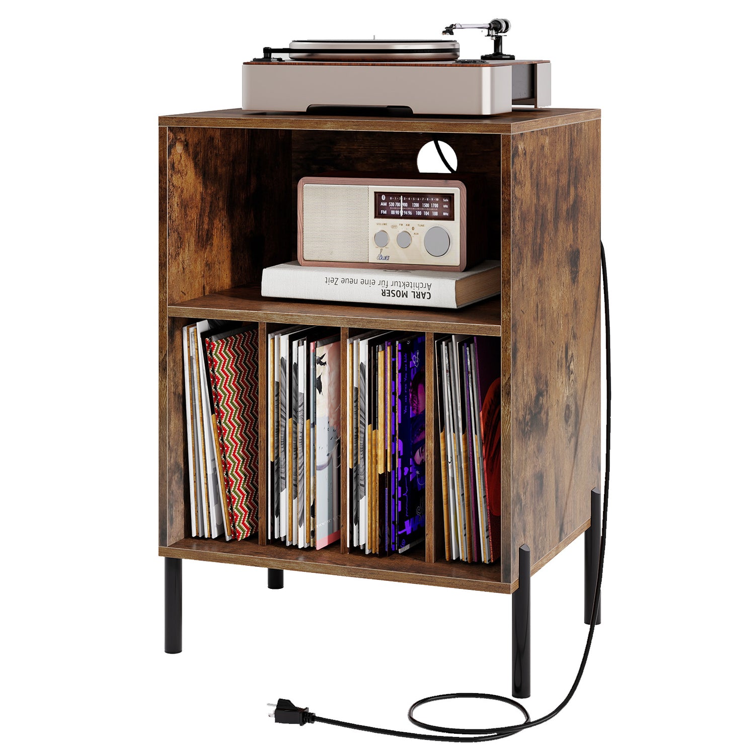 Record Player Stand with Record Storage Shelf and Charging Station