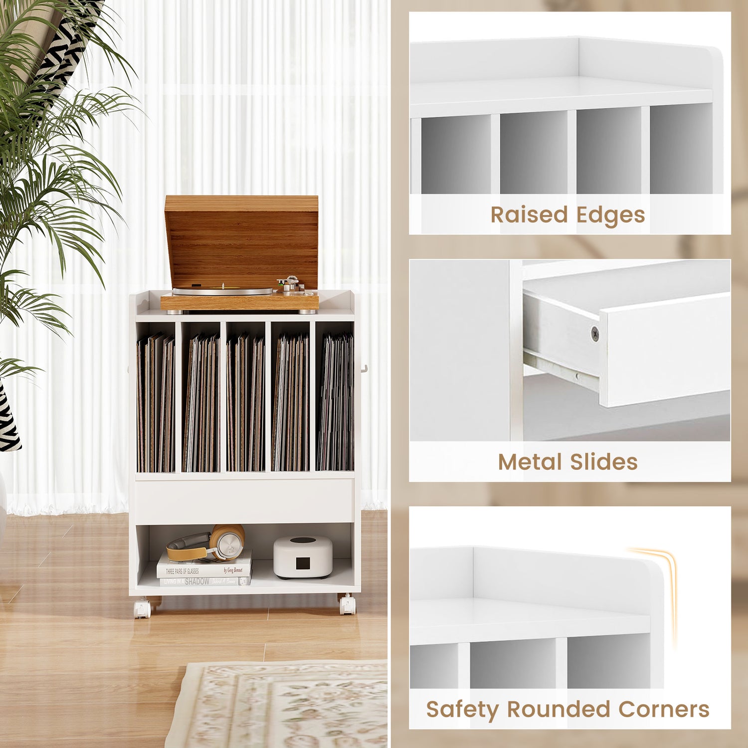 Record Rolling Turntable Player Stand with Drawer-White
