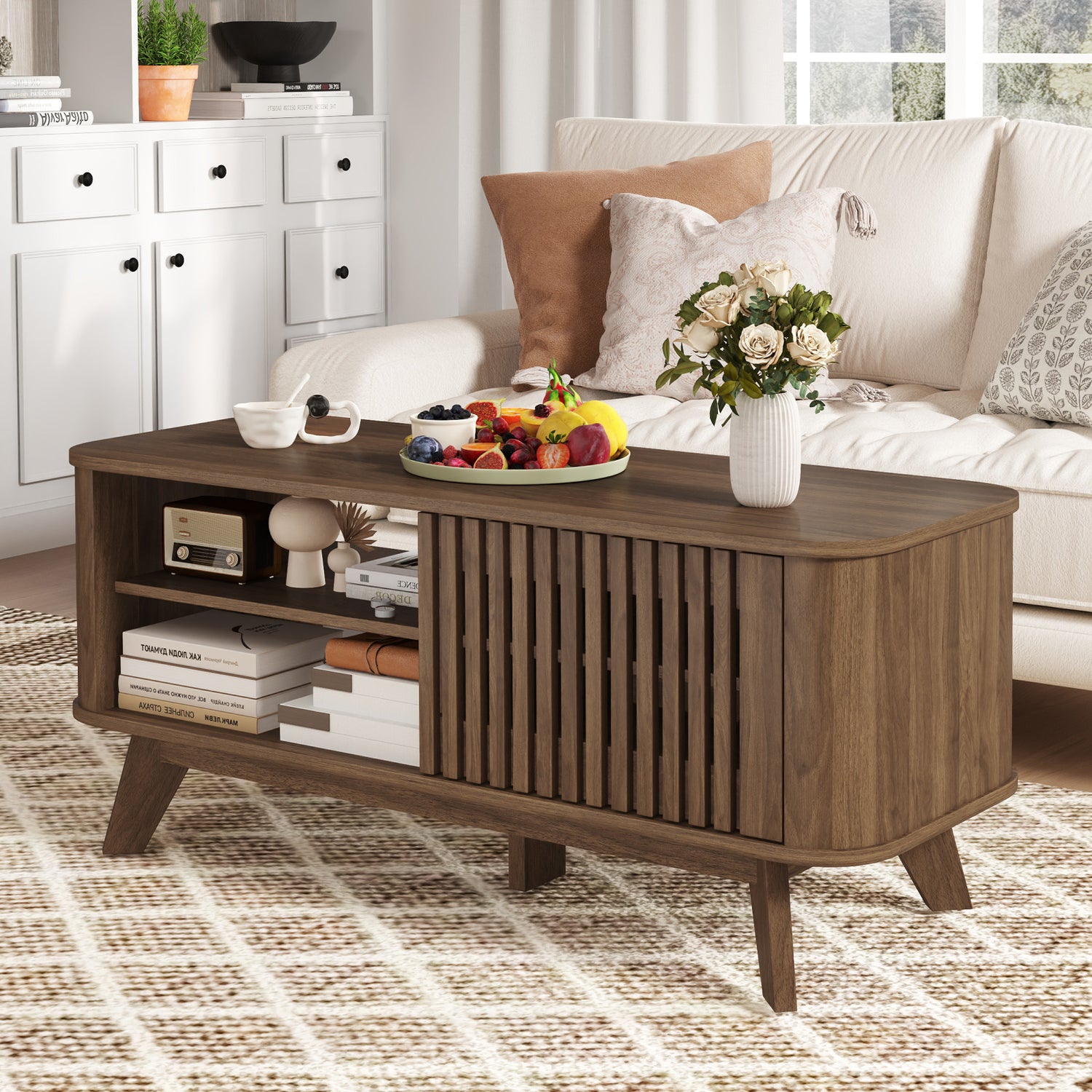 Rectangular Coffee Table with Storage and Adjustable Shelves-Walnut