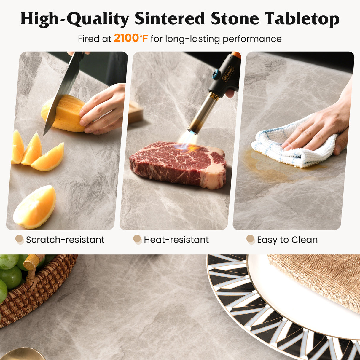 Rectangular Modern Sintered Stone Dining Table for 4 People-Grey