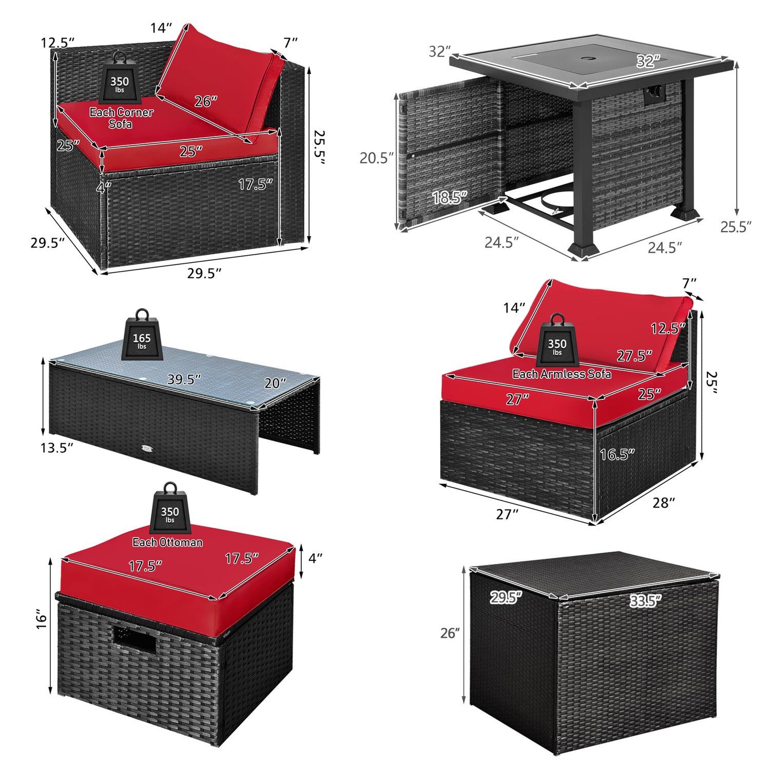 9 Pieces Patio Furniture Set with 32â Fire Pit Table and 50000 BTU Square Propane Fire Pit