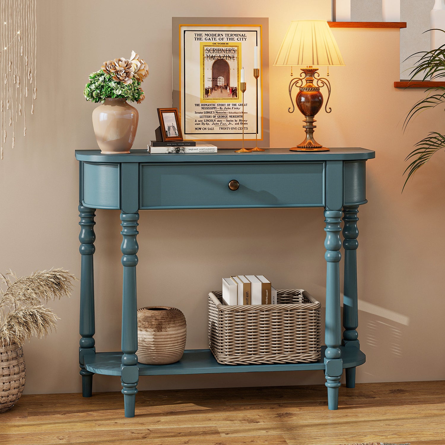 Retro Console Table36"L Wooden 2-Tier Narrow Behind Couch Foyer Table