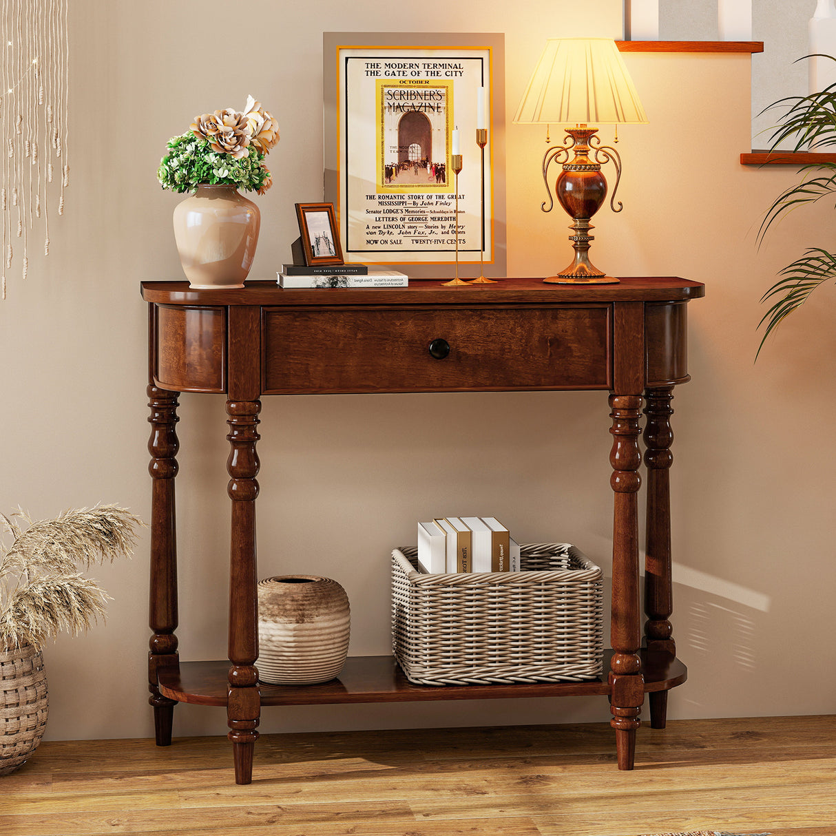 Retro Console Table36"L Wooden 2-Tier Narrow Behind Couch Foyer Table