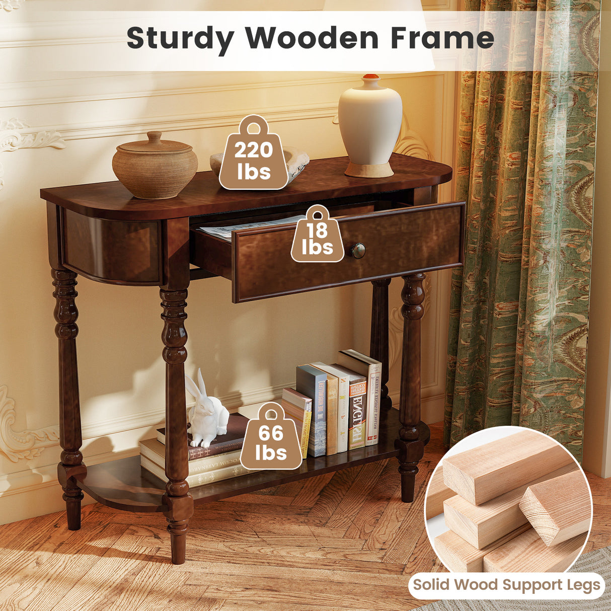 Retro Console Table36"L Wooden 2-Tier Narrow Behind Couch Foyer Table