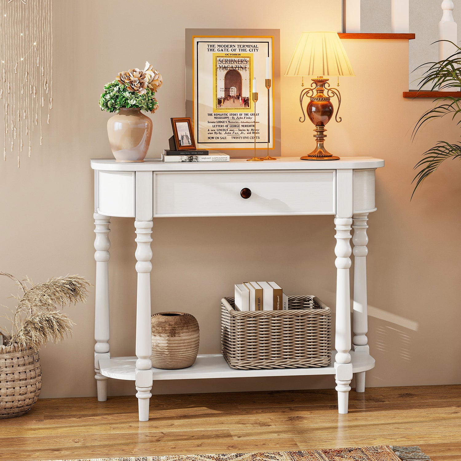 Retro Console Table36"L Wooden 2-Tier Narrow Behind Couch Foyer Table