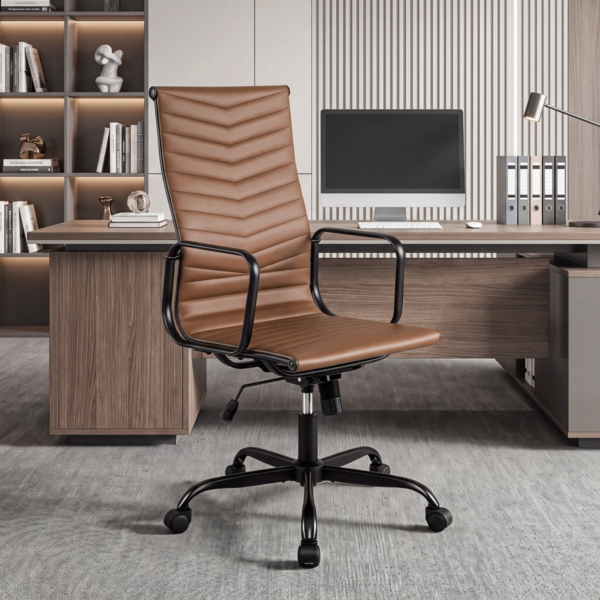 Ribbed Office Chair High Back PU Leather for Home Office with Adjustable Height