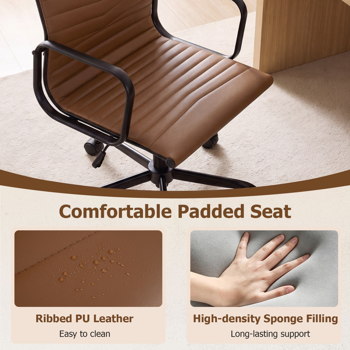 Ribbed Office Chair High Back PU Leather for Home Office with Adjustable Height