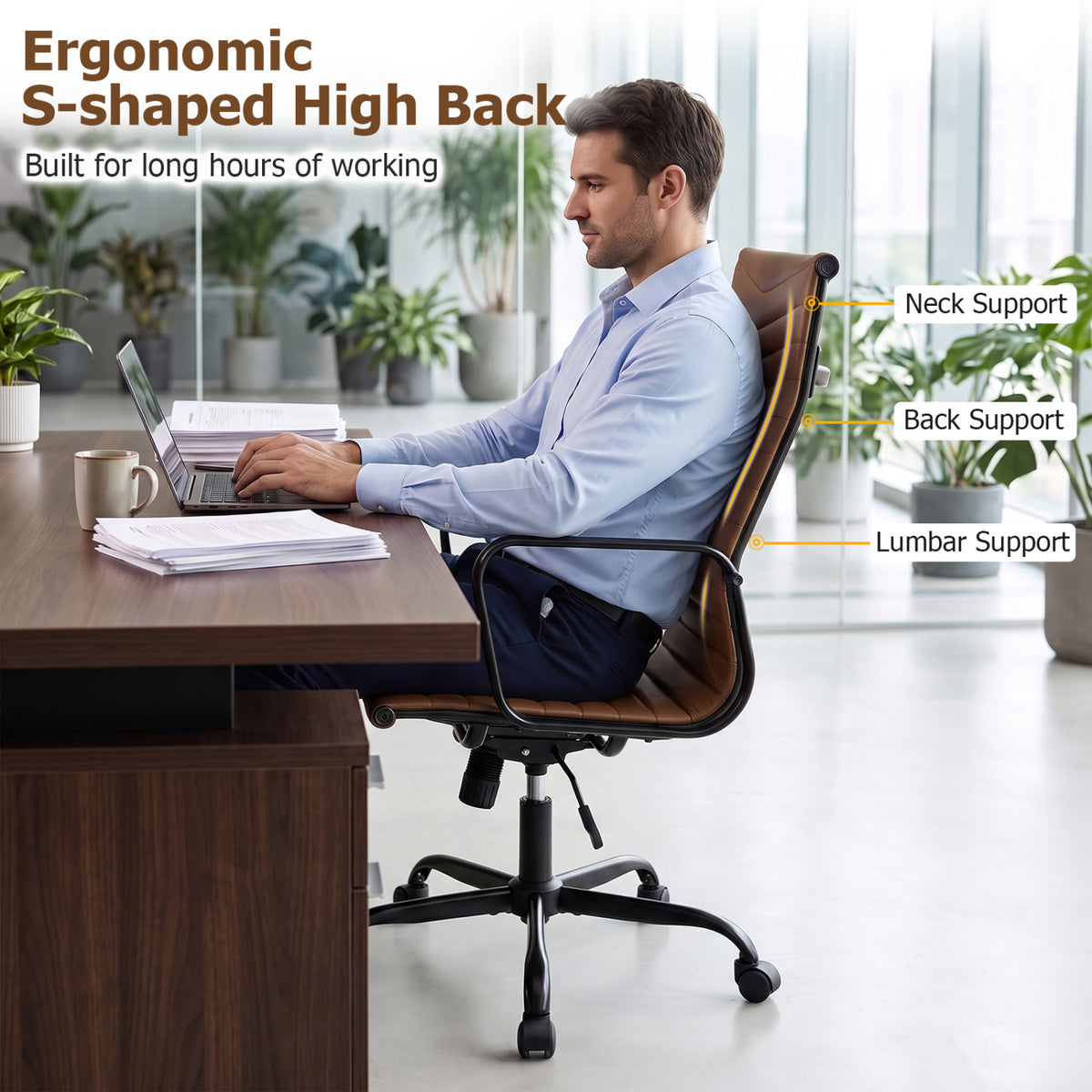 Ribbed Office Chair High Back PU Leather for Home Office with Adjustable Height