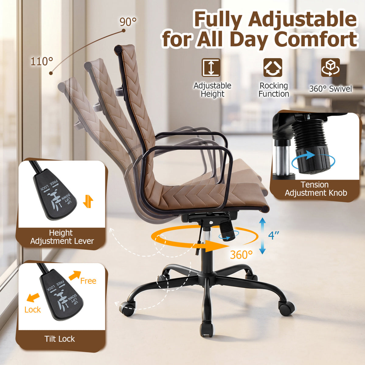 Ribbed Office Chair High Back PU Leather for Home Office with Adjustable Height