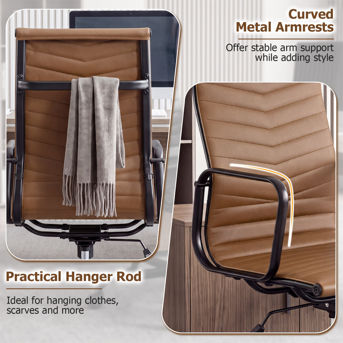 Ribbed Office Chair High Back PU Leather for Home Office with Adjustable Height