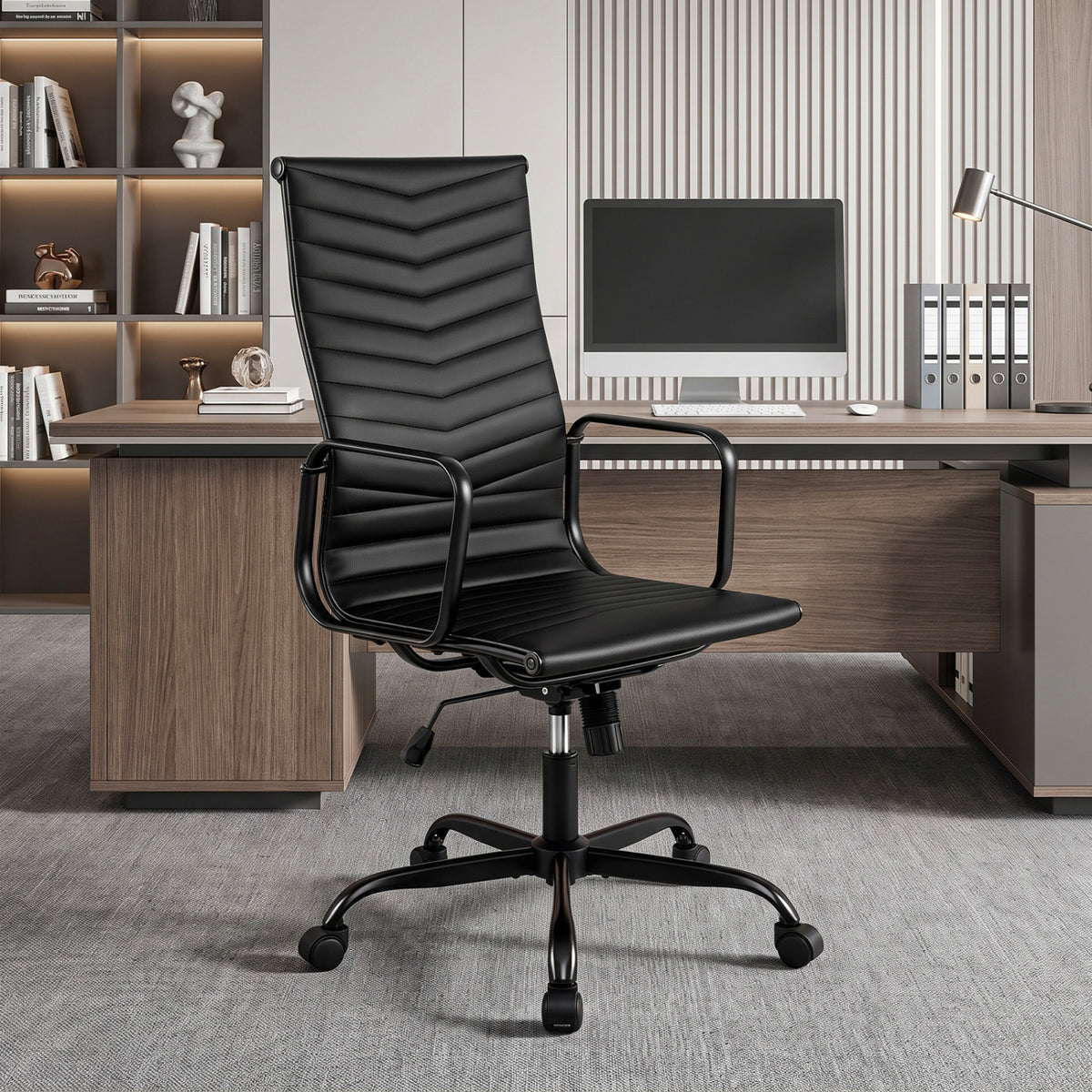 Ribbed Office Chair High Back PU Leather for Home Office with Adjustable Height