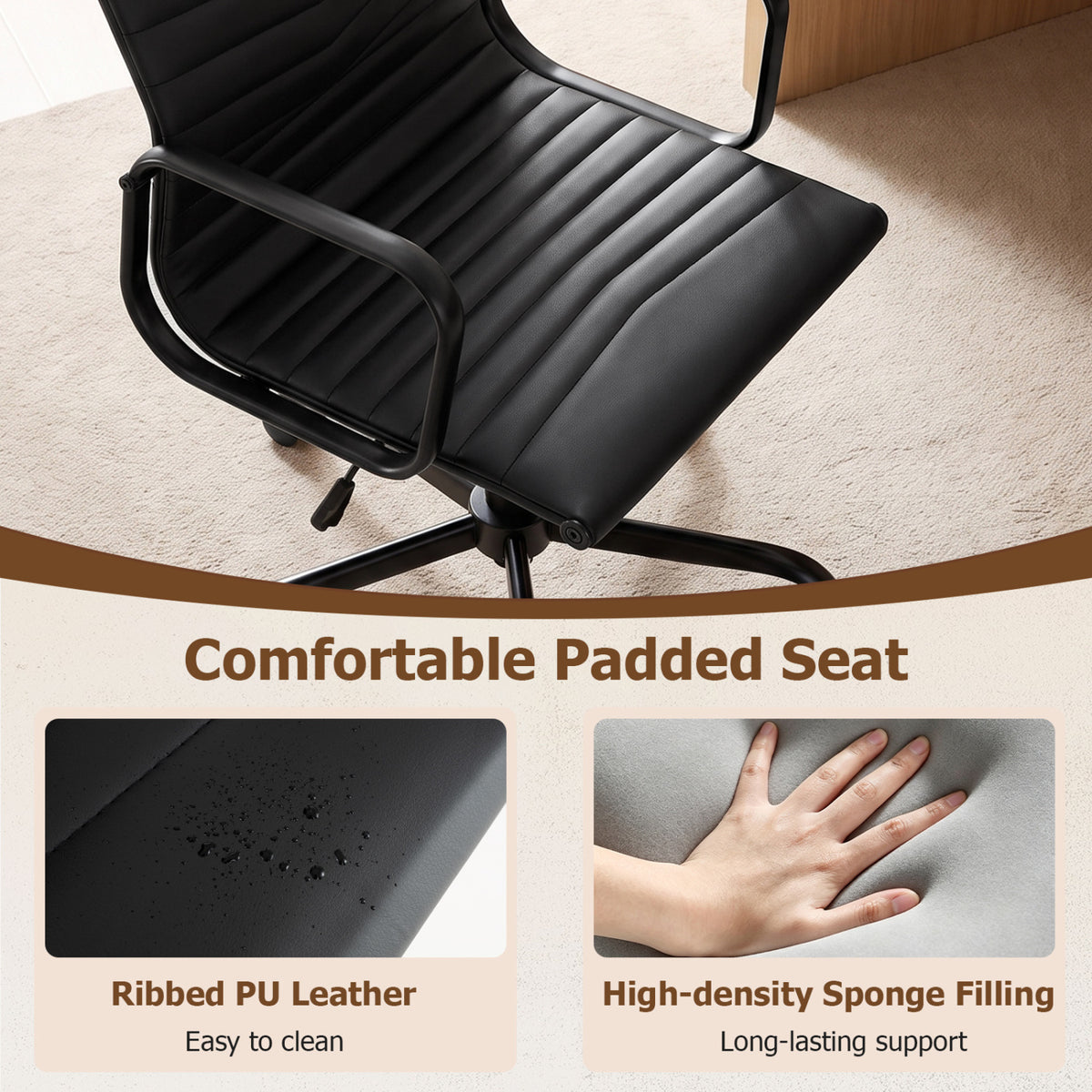 Ribbed Office Chair High Back PU Leather for Home Office with Adjustable Height