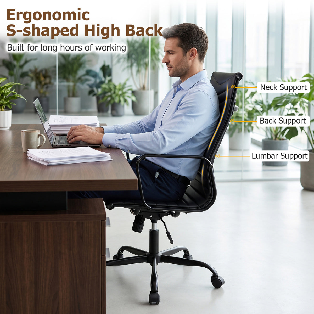 Ribbed Office Chair High Back PU Leather for Home Office with Adjustable Height