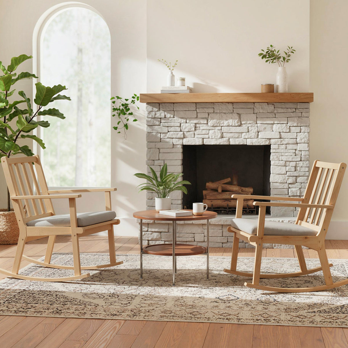 Rocking Chair with Cushion Solid Rubber Wood Rocker with Padded Seat-Natural