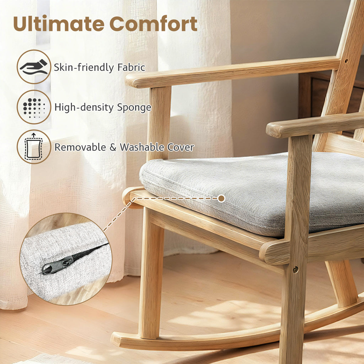 Rocking Chair with Cushion Solid Rubber Wood Rocker with Padded Seat-Natural