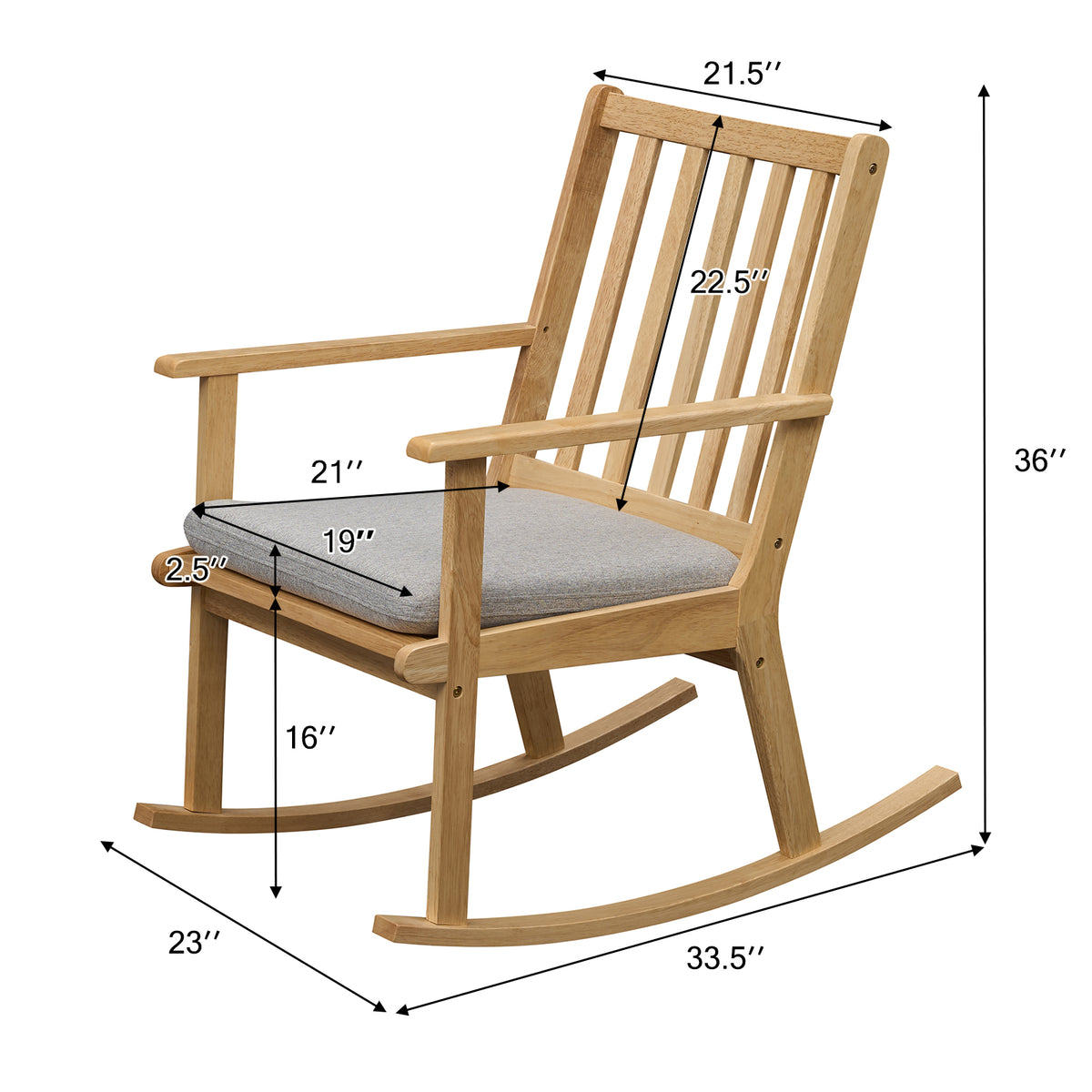 Rocking Chair with Cushion Solid Rubber Wood Rocker with Padded Seat-Natural
