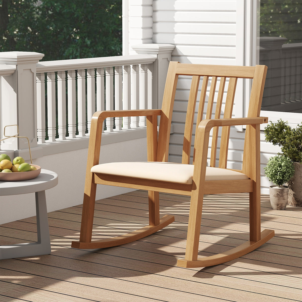 Rocking Chair with Slatted Back and Curved Armrests