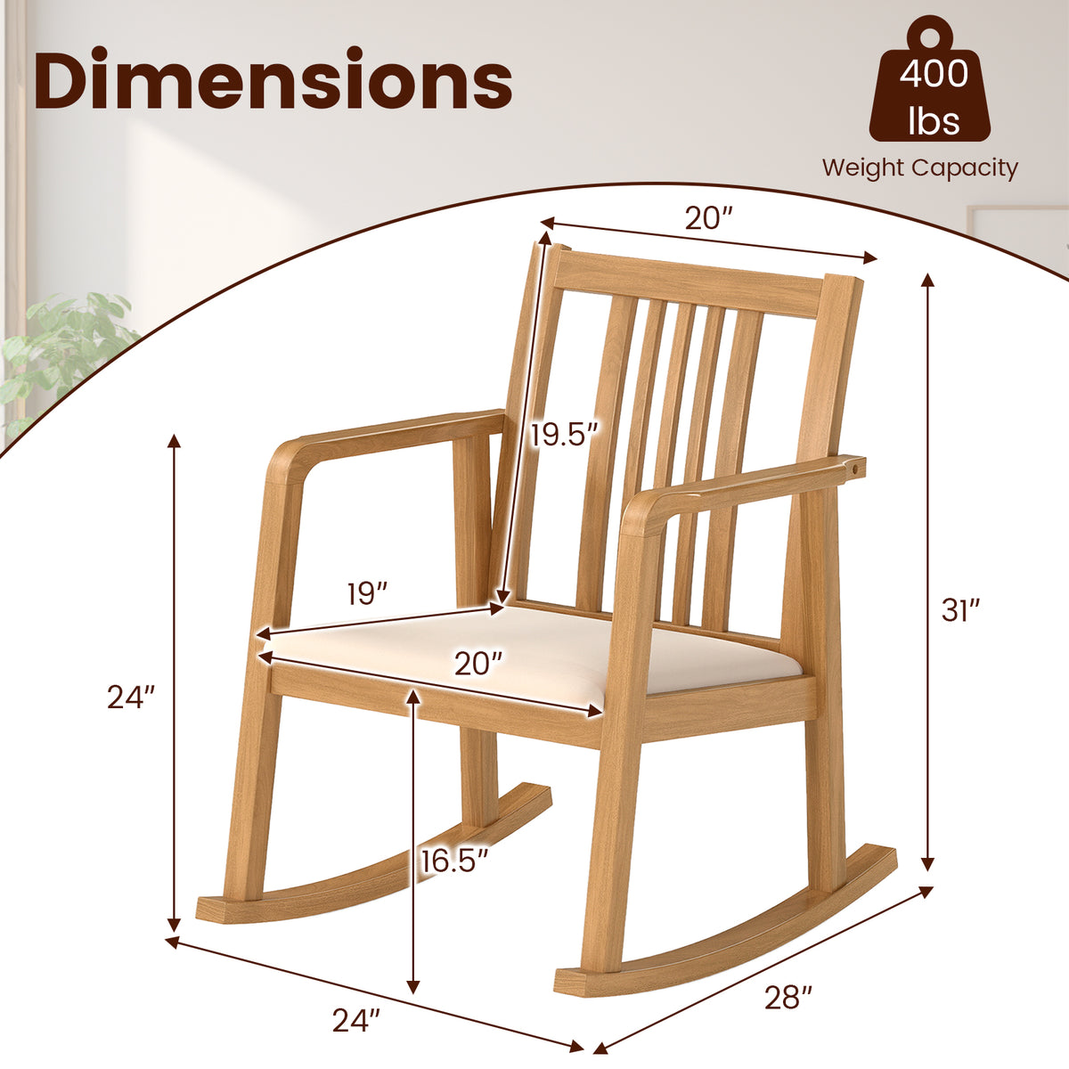 Rocking Chair with Slatted Back and Curved Armrests