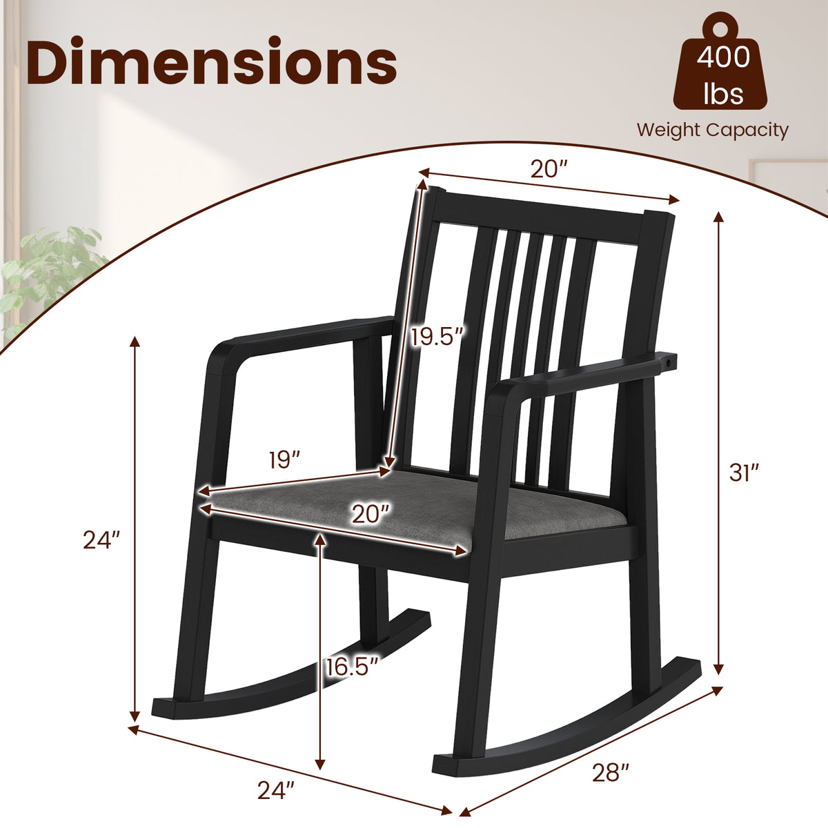 Rocking Chair with Slatted Back and Curved Armrests