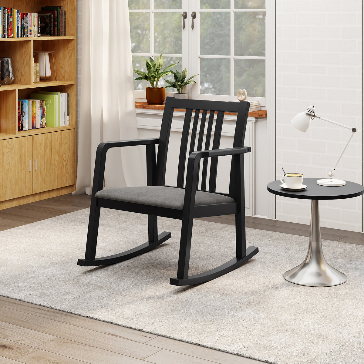 Rocking Chair with Slatted Back and Curved Armrests