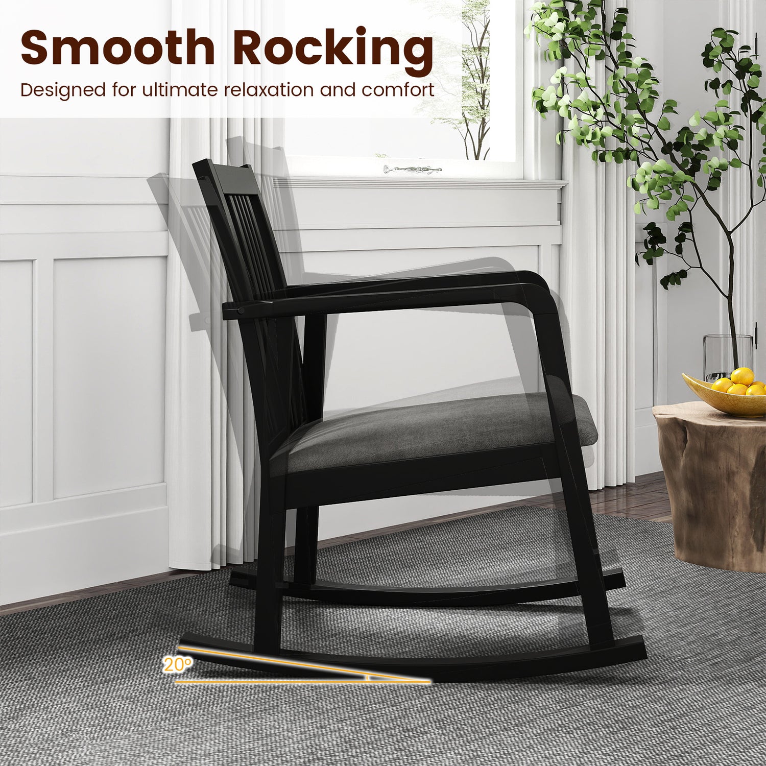 Rocking Chair with Slatted Back and Curved Armrests