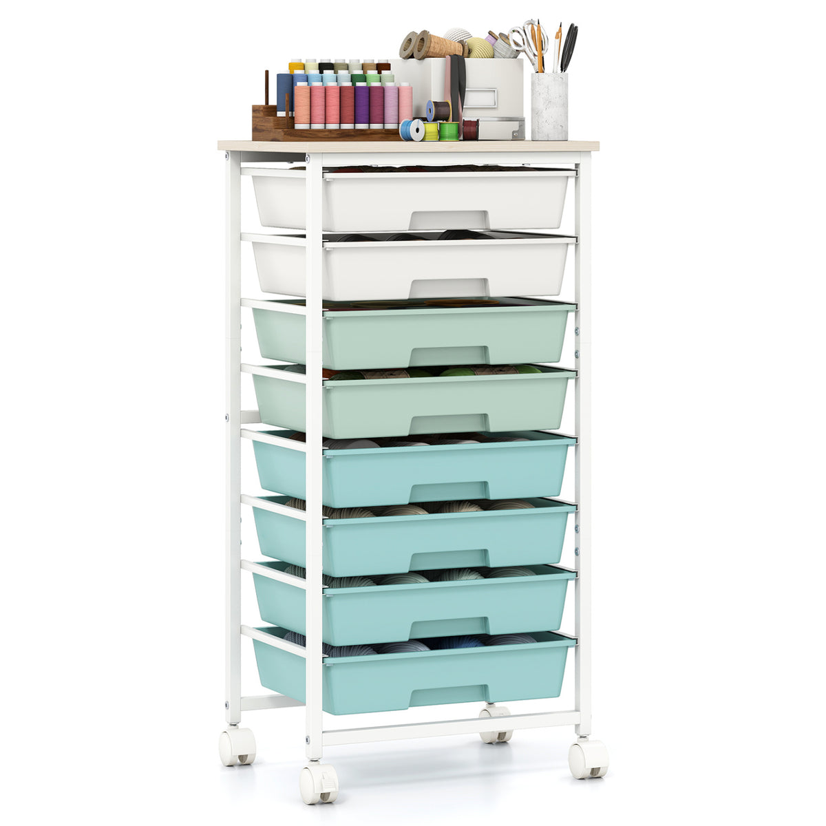 Rolling Cart with 8 Drawers and Wooden Tabletop with Lockable Wheels for Home Office